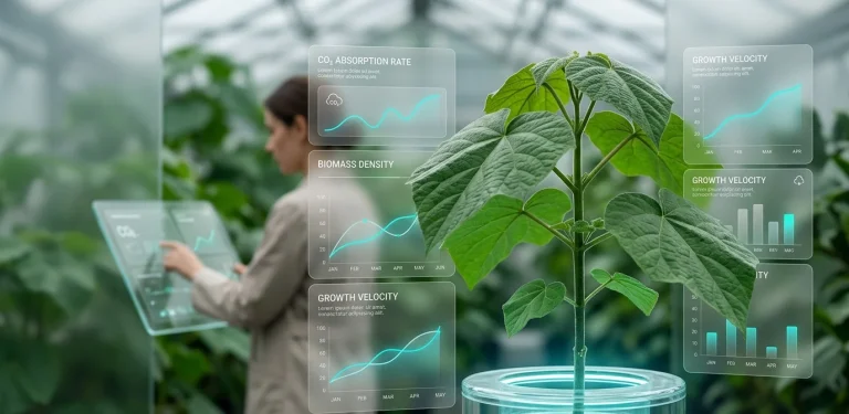 A young Paulownia tree in a laboratory setting with floating digital growth metrics