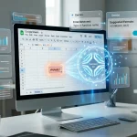 Google Sheets interface with a holographic projection of Gemini fixing a formula error