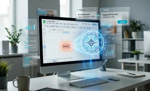 Google Sheets interface with a holographic projection of Gemini fixing a formula error