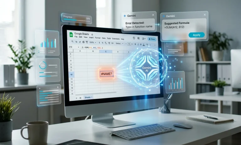 Google Sheets interface with a holographic projection of Gemini fixing a formula error