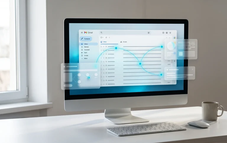 Gmail interface with active Live AI panel on a computer monitor in Glassmorphism style
