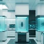 Высокотехнологичная биотехнологическая лаборатория с автоматизированными модулями выращивания насекомых в стиле стекломорфизма