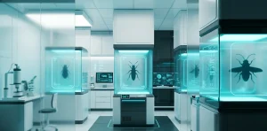 Высокотехнологичная биотехнологическая лаборатория с автоматизированными модулями выращивания насекомых в стиле стекломорфизма
