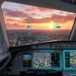 Airplane cockpit interface during a virtual flight over a city in Google Earth