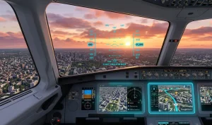 Airplane cockpit interface during a virtual flight over a city in Google Earth