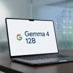 Ноутбук на столе в офисе, на экране надпись Gemma 4 12B и логотип Google