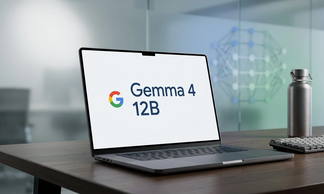 Ноутбук на столе в офисе, на экране надпись Gemma 4 12B и логотип Google
