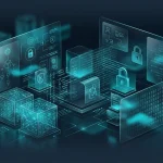 Cybersecurity digital interface displaying data streams and secure lock visualizations in glassmorphism style