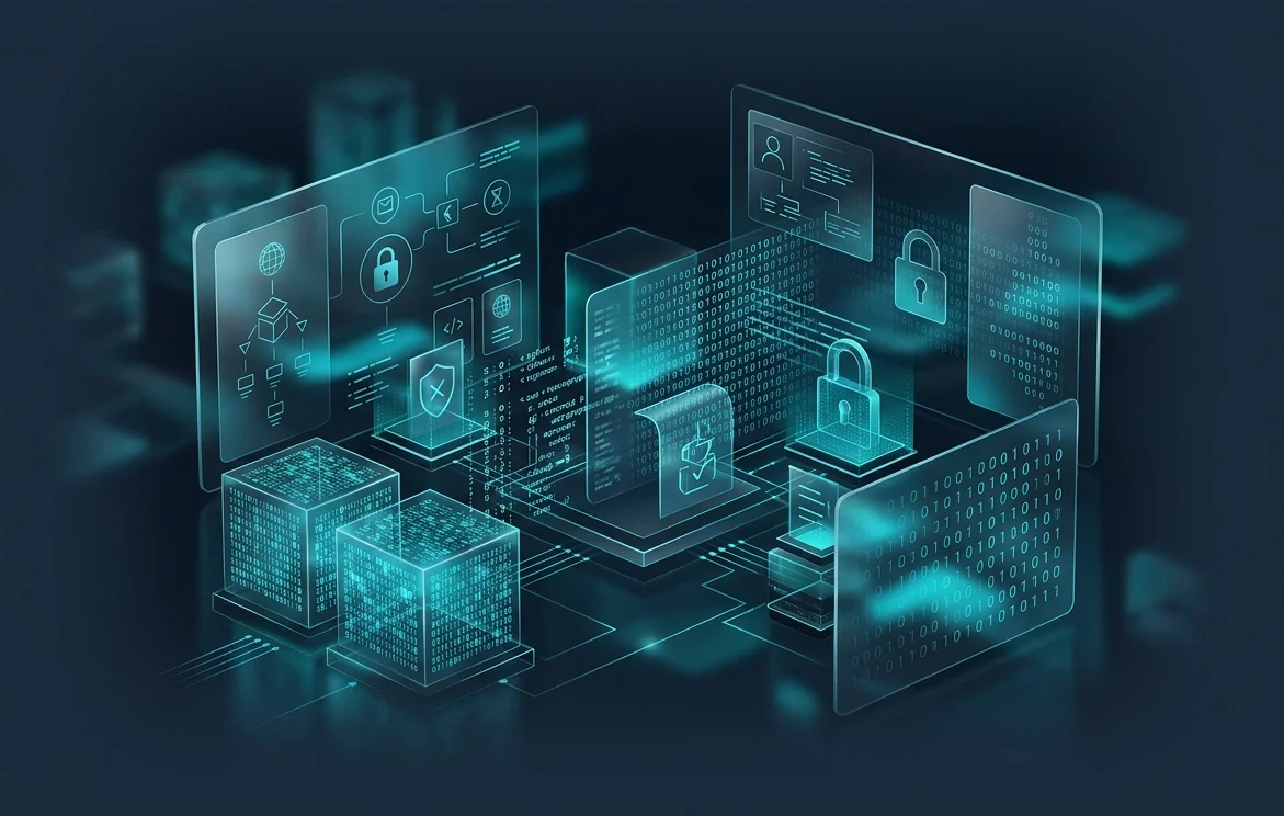 Cybersecurity digital interface displaying data streams and secure lock visualizations in glassmorphism style