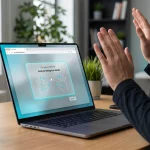 A user shows a hand gesture in front of a laptop screen to pass the new Google CAPTCHA verification system