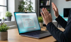A user shows a hand gesture in front of a laptop screen to pass the new Google CAPTCHA verification system