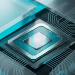 An Intel silicon processor die on an LGA 1700 substrate surrounded by glassmorphism style elements
