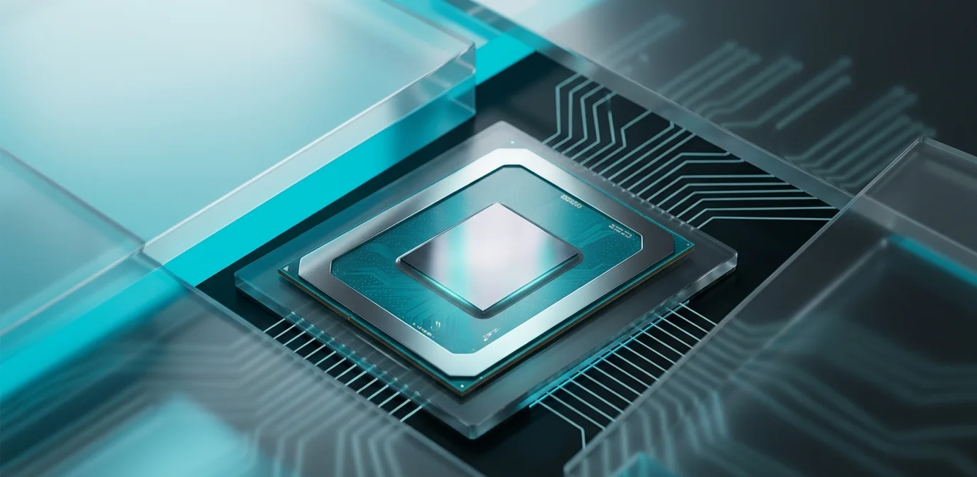 An Intel silicon processor die on an LGA 1700 substrate surrounded by glassmorphism style elements