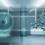 Digital holographic projection of a jet engine and a 3D molecular drug structure inside a futuristic research laboratory
