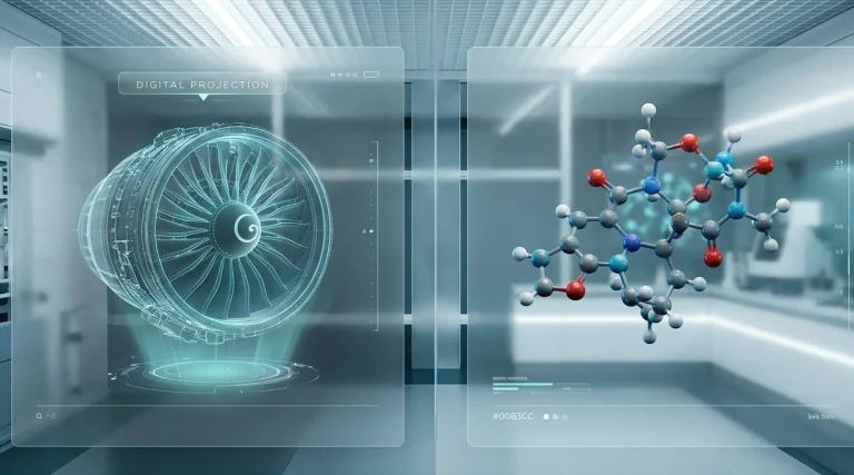 Digital holographic projection of a jet engine and a 3D molecular drug structure inside a futuristic research laboratory