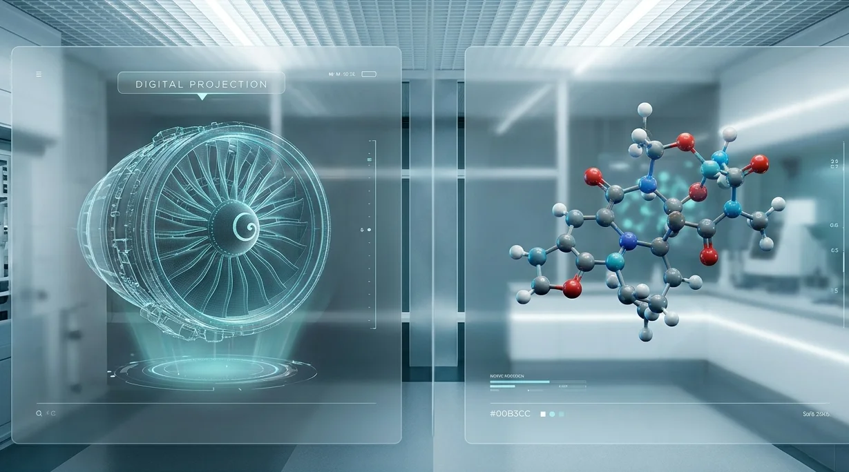 Digital holographic projection of a jet engine and a 3D molecular drug structure inside a futuristic research laboratory