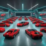 Колекція рідкісних червоних автомобілів Ferrari у сучасному технологічному гаражі з підсвічуванням