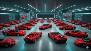 Колекція рідкісних червоних автомобілів Ferrari у сучасному технологічному гаражі з підсвічуванням
