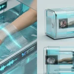 Futuristic Midjourney Medical full-body ultrasound scanner with cyan glowing elements inside a clean lab environment