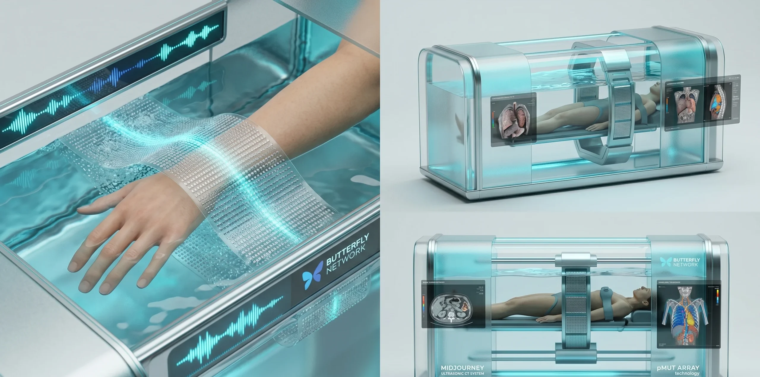 Futuristic Midjourney Medical full-body ultrasound scanner with cyan glowing elements inside a clean lab environment