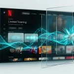 Интерфейс телевизора со стриминговой платформой Netflix и абстрактными волнами искусственного интеллекта, символизирующими анализ настроения.