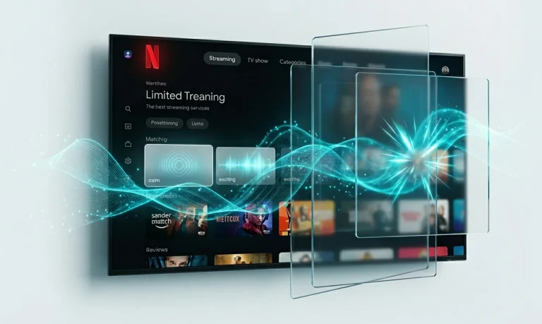 A television display showcasing the Netflix user interface layered with abstract glass elements and tech-cyan waves representing artificial intelligence mood mapping.