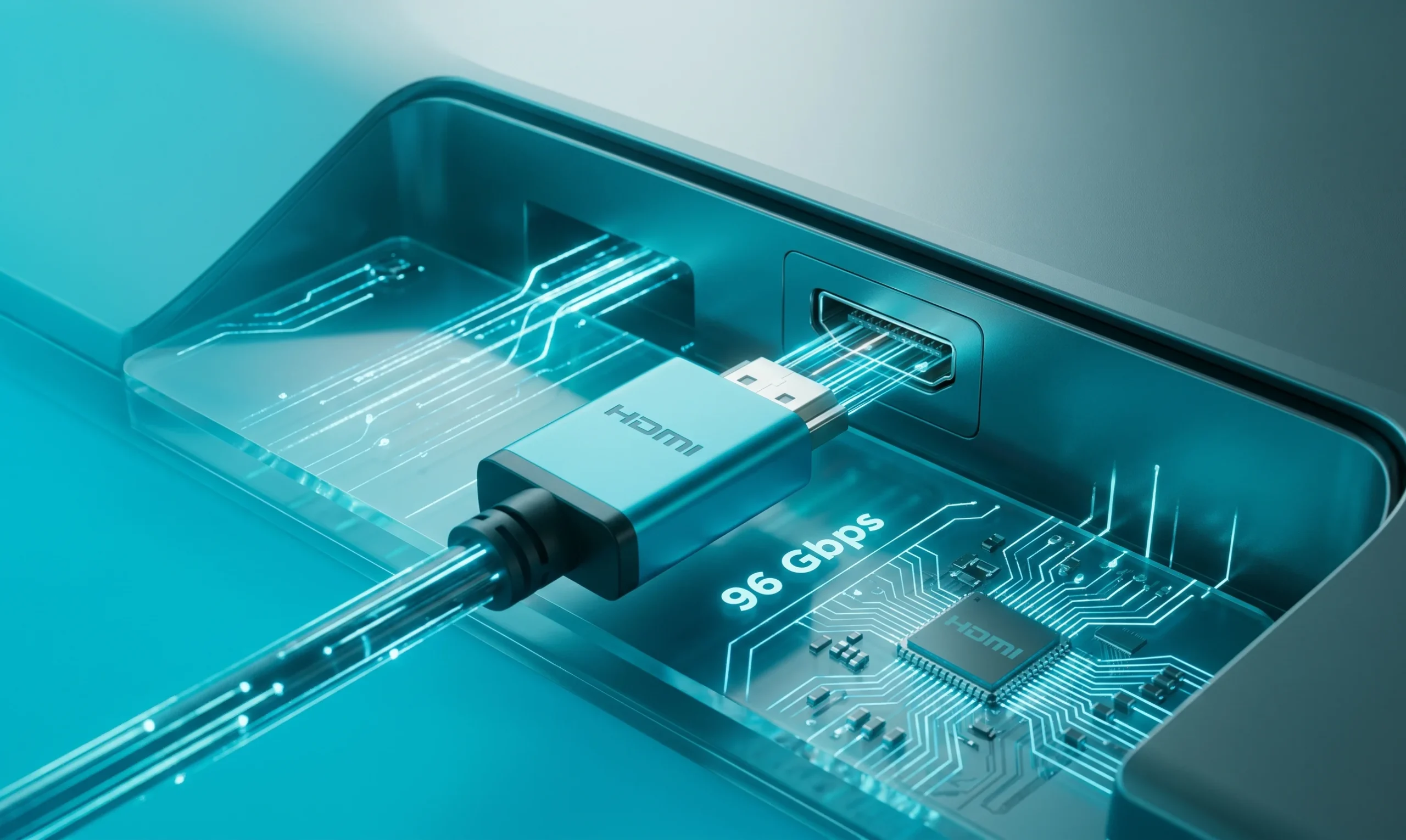 Next-generation HDMI 2.2 interface port and cable connected to the back of a premium monitor displaying 96 Gbps speed indicator