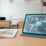Scandinavian classroom with printed textbooks in the foreground and a blurred AI interface on a screen in the background