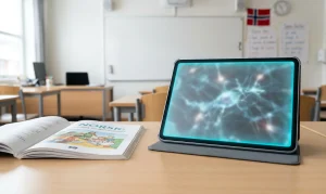 Scandinavian classroom with printed textbooks in the foreground and a blurred AI interface on a screen in the background