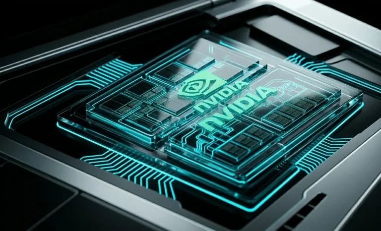 Conceptual layout of an integrated Nvidia ARM processor with Blackwell graphics architecture under a glass panel inside a computer chassis