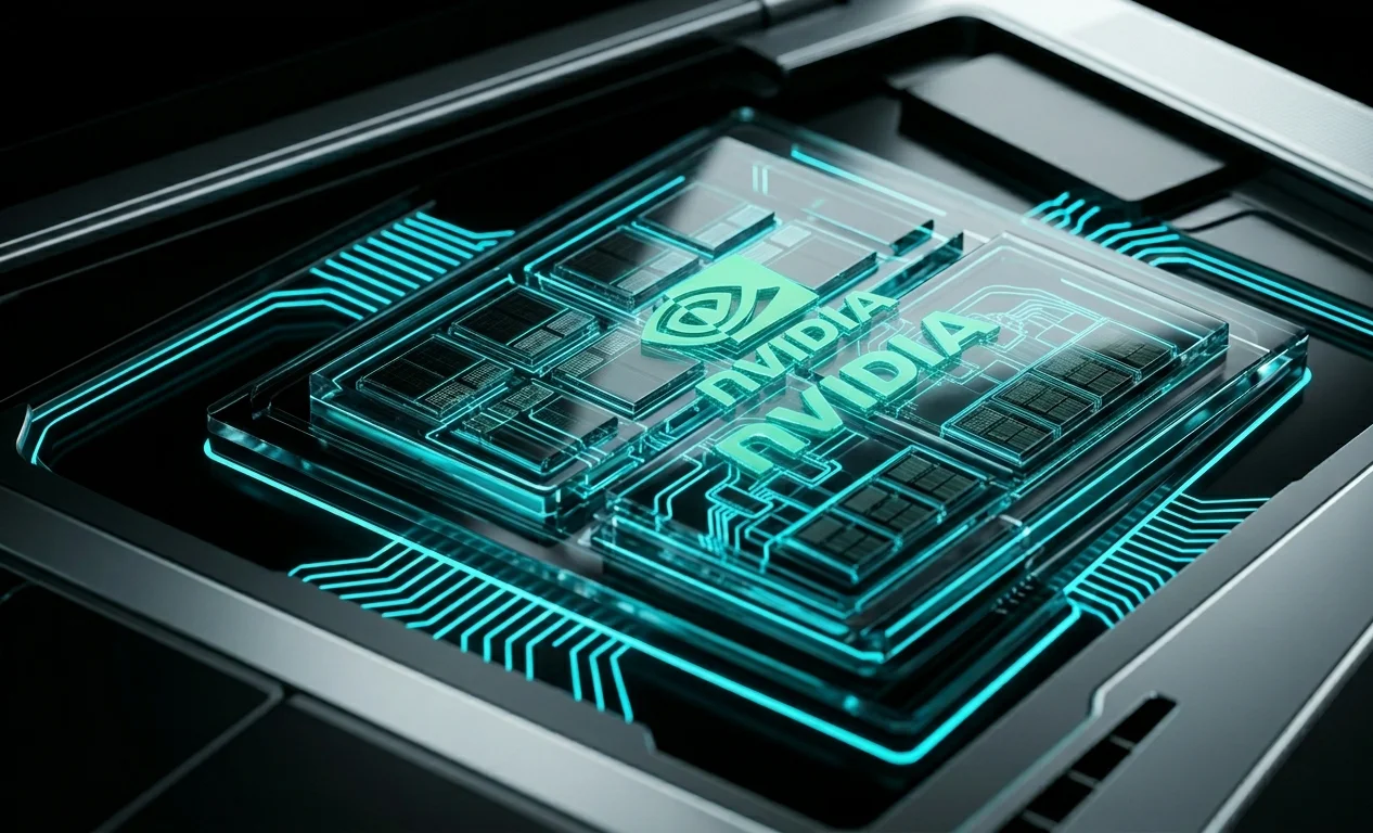 Концептуальна схема інтегрованого процесора Nvidia ARM з графічною архітектурою Blackwell під скляною панеллю всередині комп'ютера