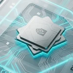 Nvidia Arm CPU chip installed on a modern computer motherboard with glowing tracks