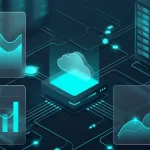 Концептуальна схема інфраструктури хмарних обчислень та аналізу даних у стилі гласморфізму з неоново-ціановими елементами.