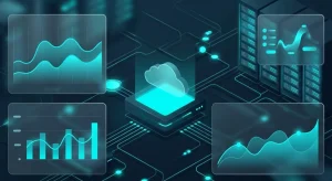 Conceptual diagram of cloud computing infrastructure and data analysis in glassmorphism style with neon cyan elements.