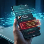 Смартфон з інтерфейсом Google Phone, що відображає попередження про виявлення підміни голосу