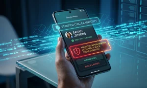 Смартфон з інтерфейсом Google Phone, що відображає попередження про виявлення підміни голосу