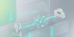 Conceptual visualization of cloud computing infrastructure and artificial intelligence in glassmorphism style featuring Pinterest and AWS logos