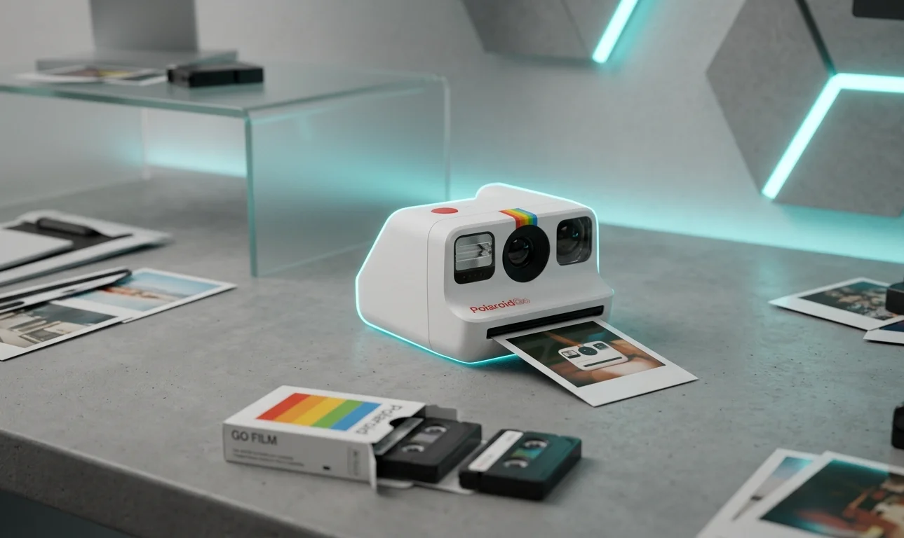 Компактна аналогова камера миттєвого друку Polaroid Go Generation 3 на столі з касетами