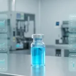 Лабораторный флакон с голубой жидкостью на фоне графиков клинических испытаний
