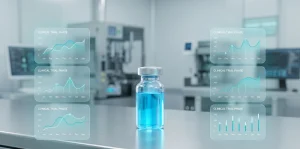 A laboratory vial with blue liquid against a background of clinical trial charts