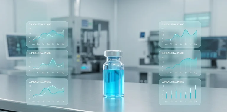 A laboratory vial with blue liquid against a background of clinical trial charts