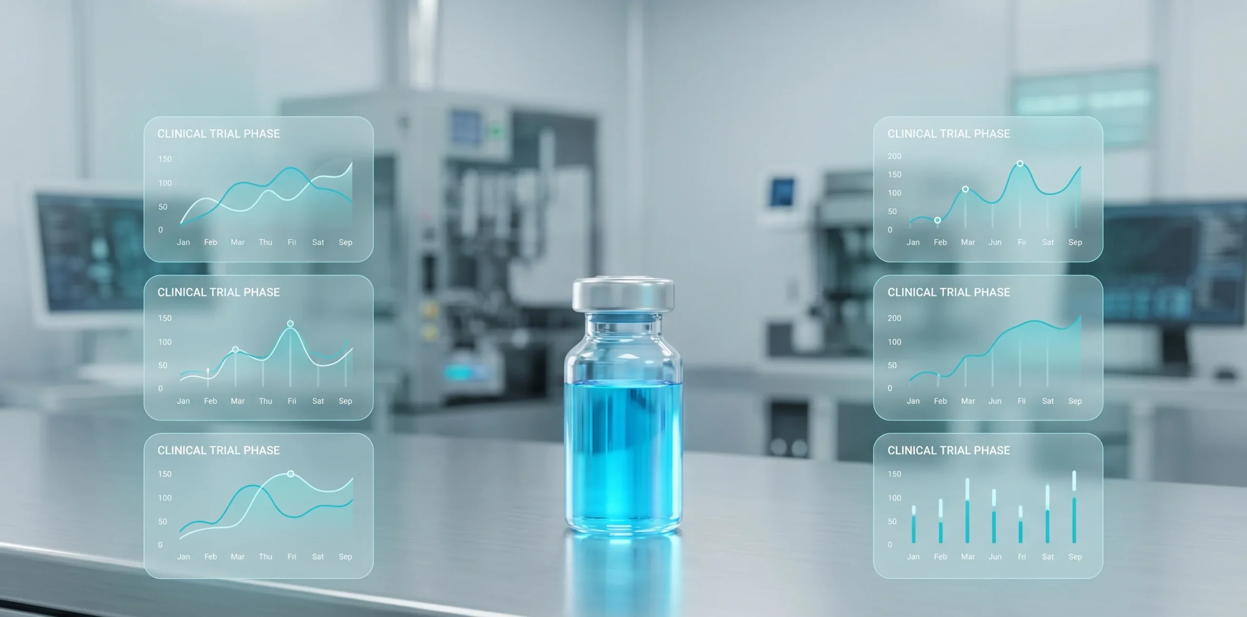 A laboratory vial with blue liquid against a background of clinical trial charts
