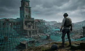 Кінематографічний скріншот PUBG, де персонаж на Ерангелі дивиться на цифровий розпад рушія Melba