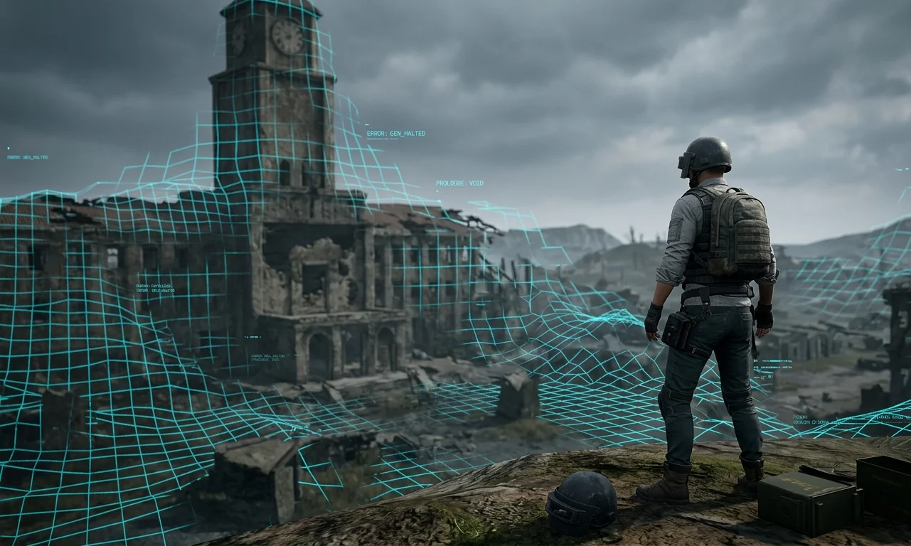 Кінематографічний скріншот PUBG, де персонаж на Ерангелі дивиться на цифровий розпад рушія Melba