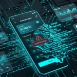 Android smartphone interface under cyber attack with digital breach elements and financial charts