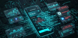 Android smartphone interface under cyber attack with digital breach elements and financial charts