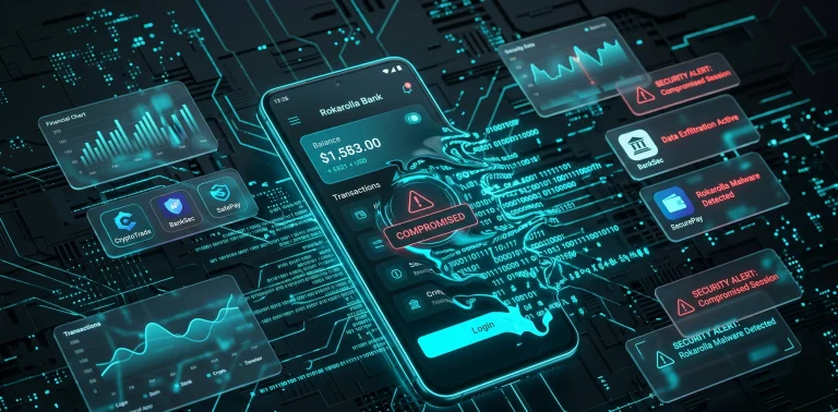 Android smartphone interface under cyber attack with digital breach elements and financial charts