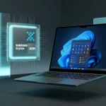 Преміальний ноутбук Samsung Galaxy Chromebook з тонкою рамкою екрана та голографічним чіпом Exynos ARM у мінімалістичній високотехнологічній студії