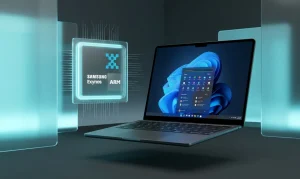Преміальний ноутбук Samsung Galaxy Chromebook з тонкою рамкою екрана та голографічним чіпом Exynos ARM у мінімалістичній високотехнологічній студії