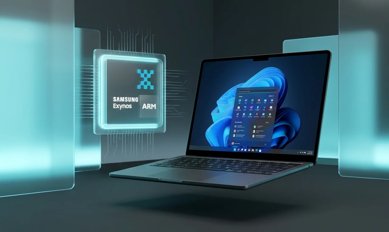 Преміальний ноутбук Samsung Galaxy Chromebook з тонкою рамкою екрана та голографічним чіпом Exynos ARM у мінімалістичній високотехнологічній студії